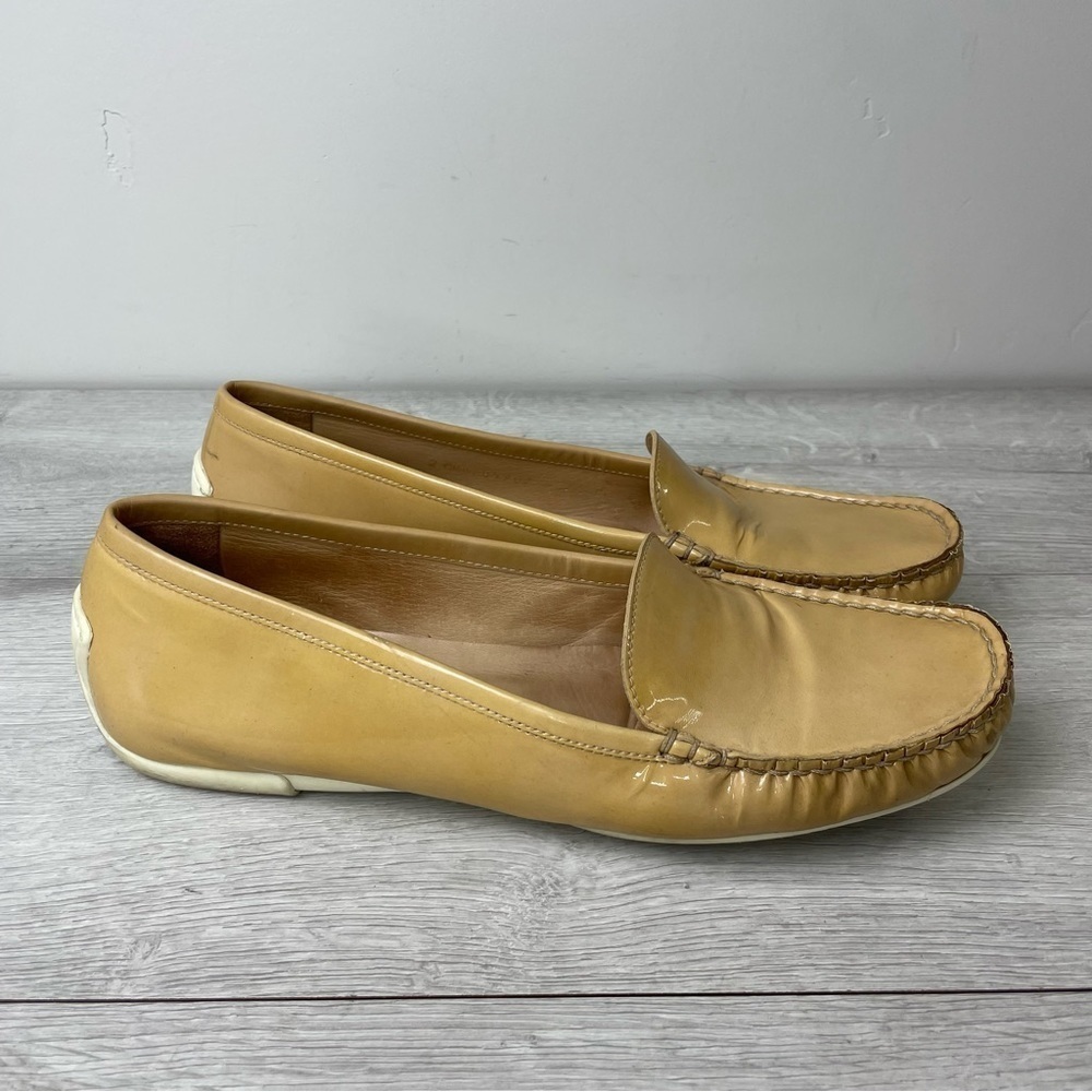 Stuart Weitzman Mach 1 Adobe Aniline Tan Patent Leather Driving Loafers Size 9.5